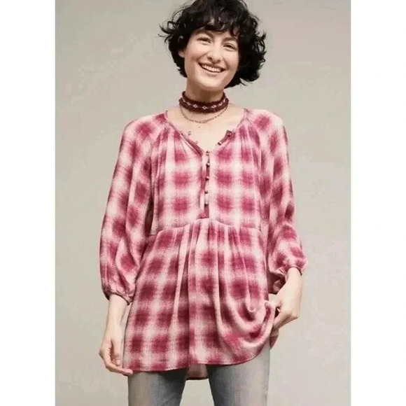 {Anthropologie} Maeve Calavon Peplum Top Burgundy Plaid - Picture 1 of 11